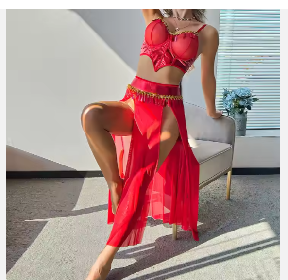 Prom Dress Up Party Women Lingerie Sexy G-String Sets Red High Waist Slit See-Through Skirt & Bra Transparent Three-Piece Set