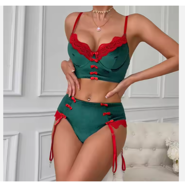 New Lace Bra &Panties Christmas Bow Sexy Lingerie Set For Women Adjustable Underwear