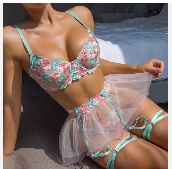 Transparent Mesh Women Fancy Embroidery Sexy Attractive Exotic Garter Underwear Lingerie Set