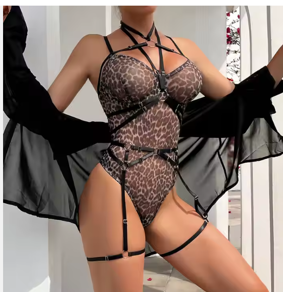 Ladies Sexy Underwear Leopard Print Bandage Lingerie Comfortable Hollow Out Slim Fitting Bodysuit