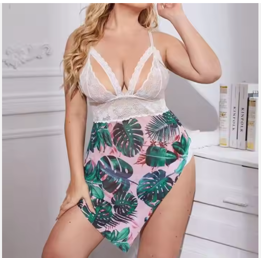 Ladies Lace See-through Sexy Underwear Erotic Printing Pajamas Dress Lingerie Set