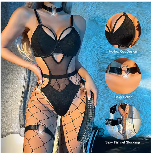 Sexy Hollow Out Lingerie Set Ladies Transparent Bodysuit Femme One Piece Teddy With Fishnet Stockings Collar