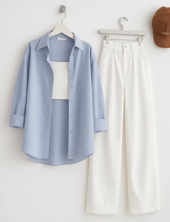 BUTTON DOWN SHIRT & 1 WIDE LEG JEANS