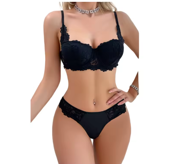 Black Flora Underwear Lace Set Comfortable Bra & Panties Hollow See-Through Lingerie Adjustable Two-Piece Set
