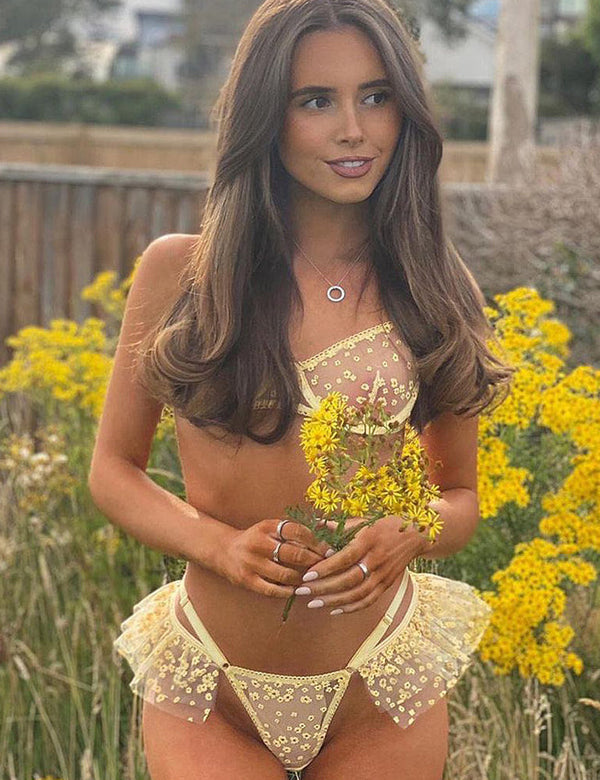 Yellow Floral Mesh Underwire Sexy Bra Set