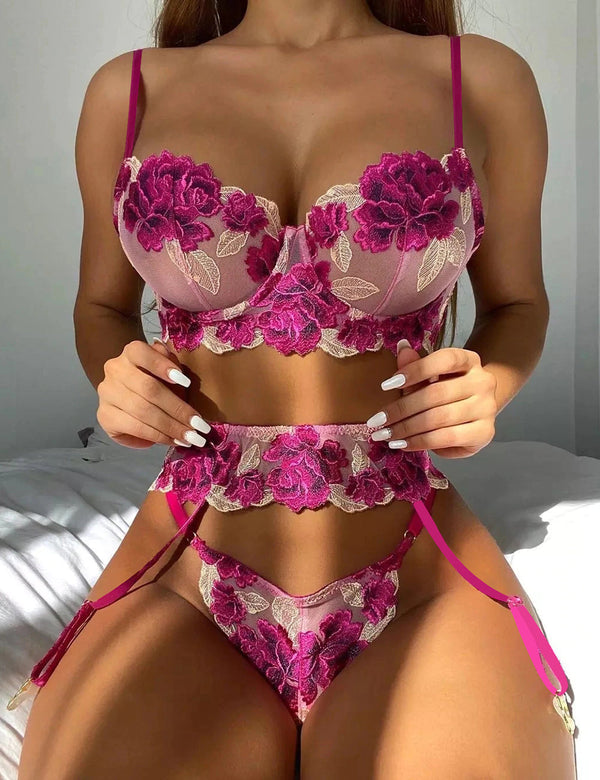 Dark Pink Floral Underwire Garter Bra Set